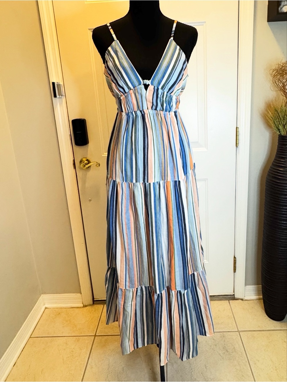 Angie Striped Blue and Peach V-Neck Tiered Maxi Dress